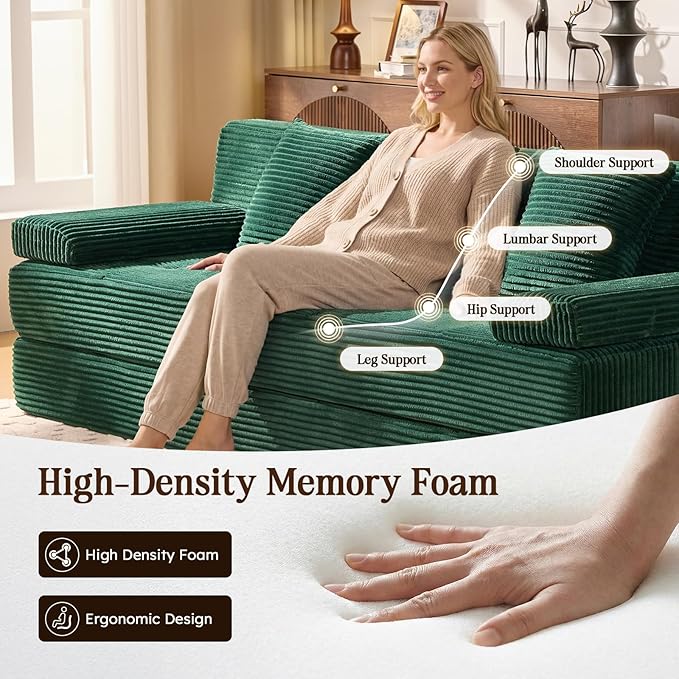 78.7IN Folding Sofa Bed - Convertible Sleeper Sofa Couch with Removable Pillows 3 Seater Couches Bed for Living Room Bedroom Apartment No Assembly Required Freestanding Corduroy Green