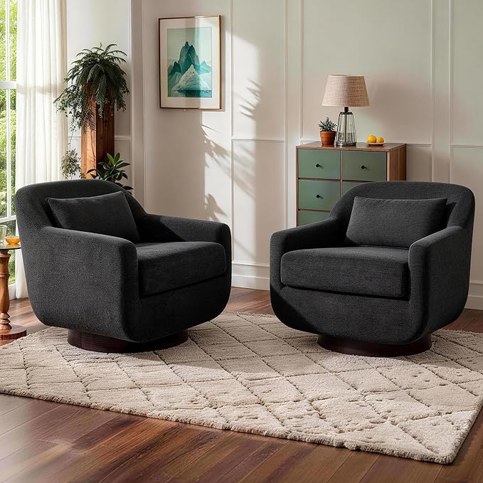 Swivel Accent Chair 360° Swivel Upholstered Barrel Chair for Living Room Comfy Club Armchairs Reading Chair with Curves Back Design Metal Swivel Base Chenille Fabric Dark Gray