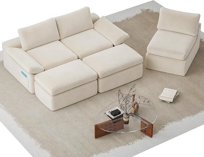 5 Seater Modular Sectional Cloud Couch 108 ”Comfort U-Shaped Boneless Couch for Living Room Deep Seat Sofa Bed with 2 Movable Ottoman High-Res ilience Sponge No Assembly Required White