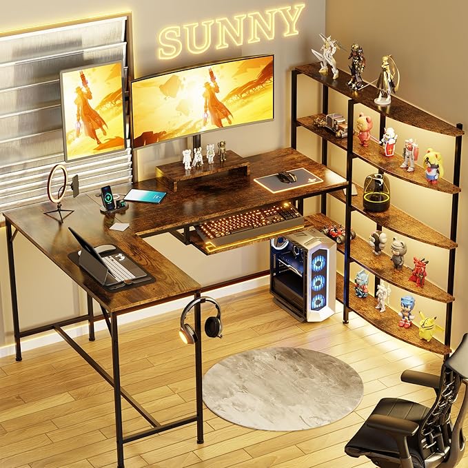 SUNLEI Home Office Desk 63 inch Writing &amp Gaming Workstation with 5 Tire Simple Assembly Steel Frame Rustic Brown