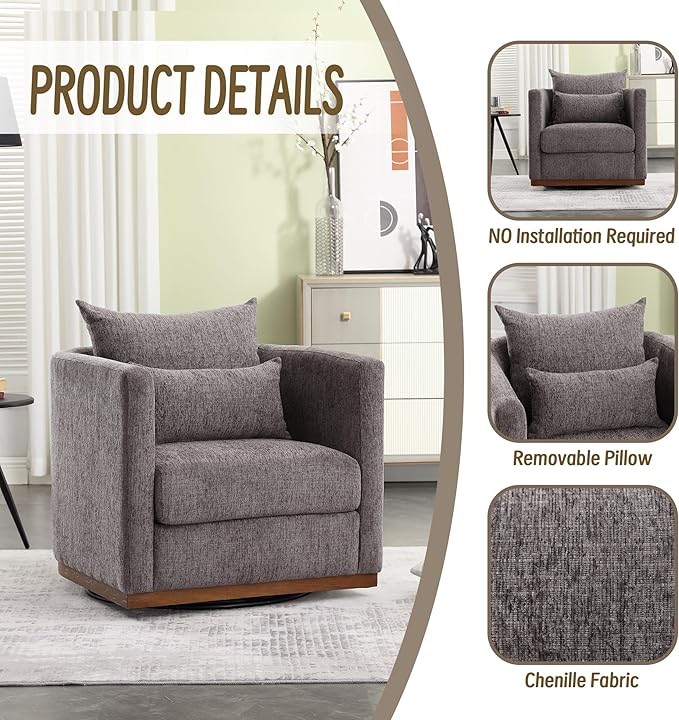 JOSHEN 31.5 Chenille Swivel Barrel ChairModern Accent Sofa ChairClub ChairLeisure Arm Chair for Living RoomBedroomOfficeDark Gray