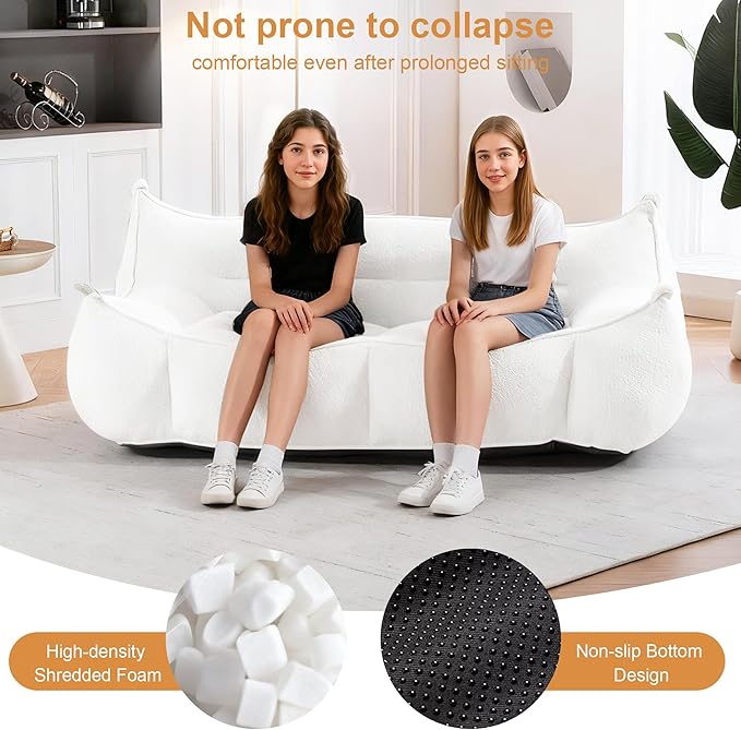 Ergonomic Bean Bag Chair - Premium Faux Fur Sofa with High-Density Foam Core Multi-Scene Comfort Seating for Living Room/Bedroom/Apartment Beige/White (2 Seat)