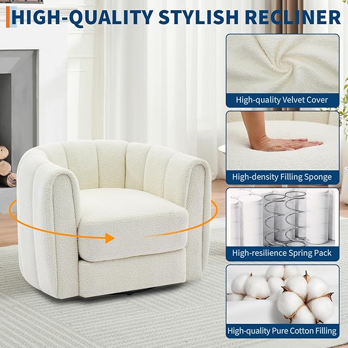 Garvee Ultra-Plush Swivel Accent Chair 360° Barrel Lounge Chair with Cloud-Like Padding &amp Modern Striped Backrest Velvet Upholstered Round Armchair for Living (2 Teddy Fleece | Beige)
