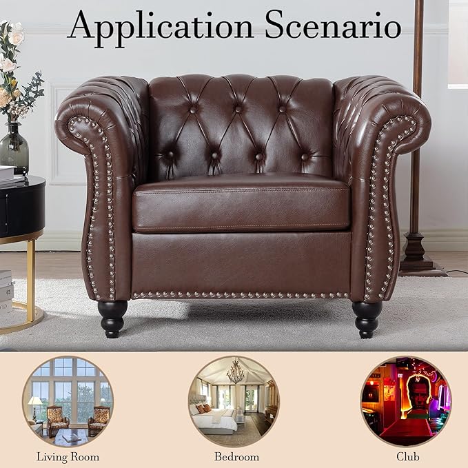 Oversized Chesterfield Chair PU Leather Accent Chair with Tufted Back Club Chair for Living Room Bedroom Gothic Victorian (Brown)