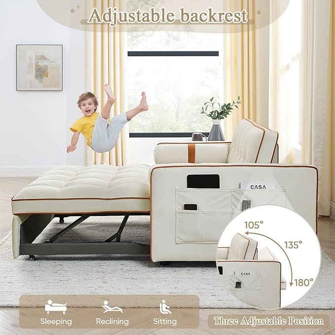 3 in 1 Sleeper Sofa Couch Bed Small Tufted Velvet Convertible Loveseat Futon Sofa w/Pullout Bed Adjustable Backrest Cylinder Pillows for Living Room Apartment Easy to Assemble Beige 55.5