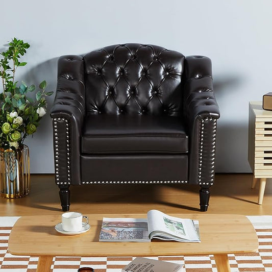 LEVNARY Chesterfield Chair Leather Upholstered Sofa Chair with High Back Mid-Century Modern Armchair with Solid Wood Legs Single Couches for Living Room (Brown)