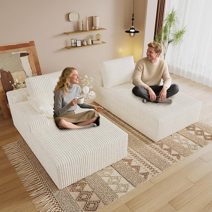 Oversized 80 Double Chaise Lounge Chair Futon Sofa Bed Boneless Cloud Couch Sleeper Sofa Flannel Upholstered Floor Sofa Modular Sectional Loveseat with 2 Throw Pillow &amp Backrest Pillow White