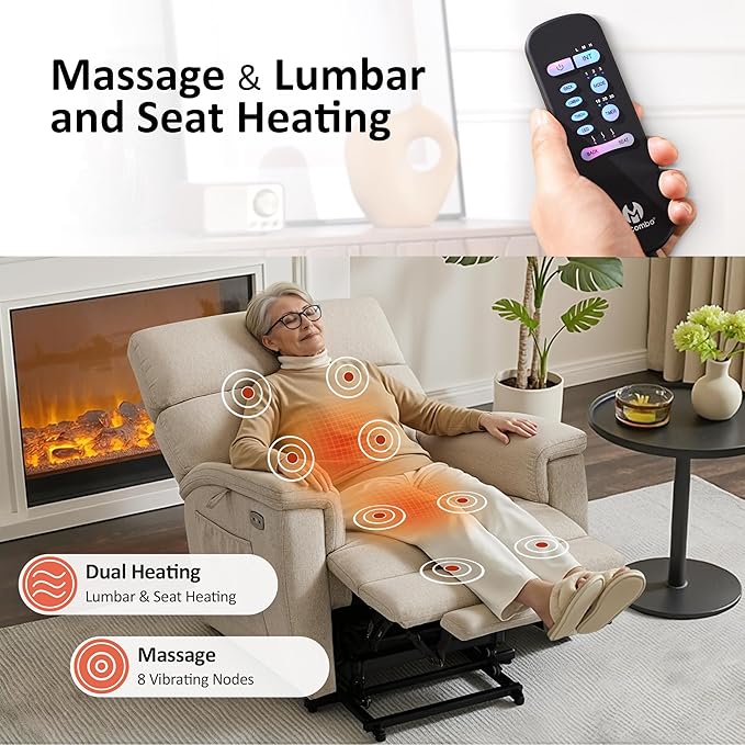 MCombo Power Lift Recliner Chair with Massage and Dual Heating Adjustable Headrest Extended Footrest for Elderly People Fabric R7605 (Beige)
