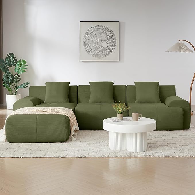 113 Modern L-Shaped Modular Sectional Sofa for Living Room Corduroy Upholstery Oversized 3-Seater Couch with Deep Seat and Movable Ottoman – No Assembly (Green)