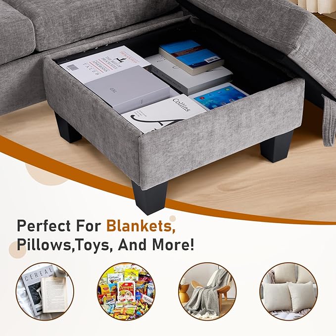 Furnimart Modern Small 3-Seater Sofa Set with Storage Ottoman Compact Couch for Small Space Chenille Fabric Solid Wood Frame Side Pocket &amp Storage Footstool Living Room Apartment(Grey)