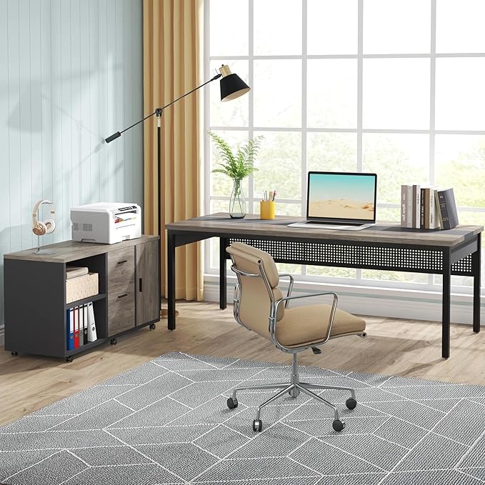 Tribesigns 71 inch Executive Desk L-Shaped Desk with Mobile File Cabinet Executive Office Table with 2 Drawers and Storage Shelves Business Furniture Workstation for Home Office Grey and Black