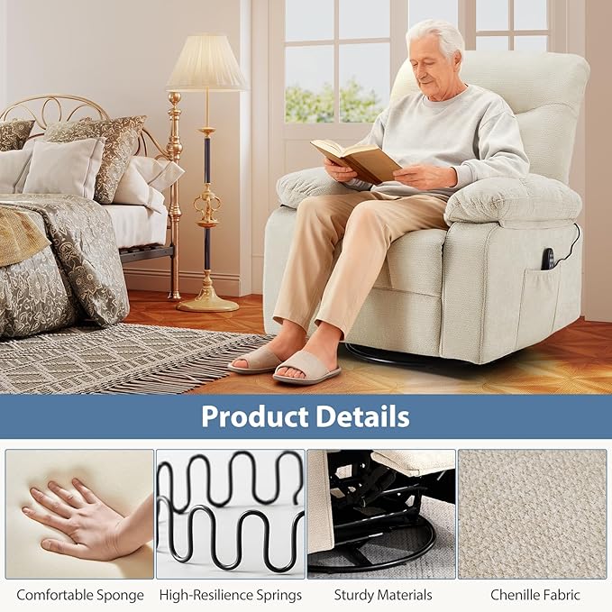 DUMOS Rocker Recliner Chair Swivel Recliner with Vibration Massage &amp Lumbar Heating 270° Rotating Chenille Fabric Recliner with footrest for Living Room &amp Bedroom Beige
