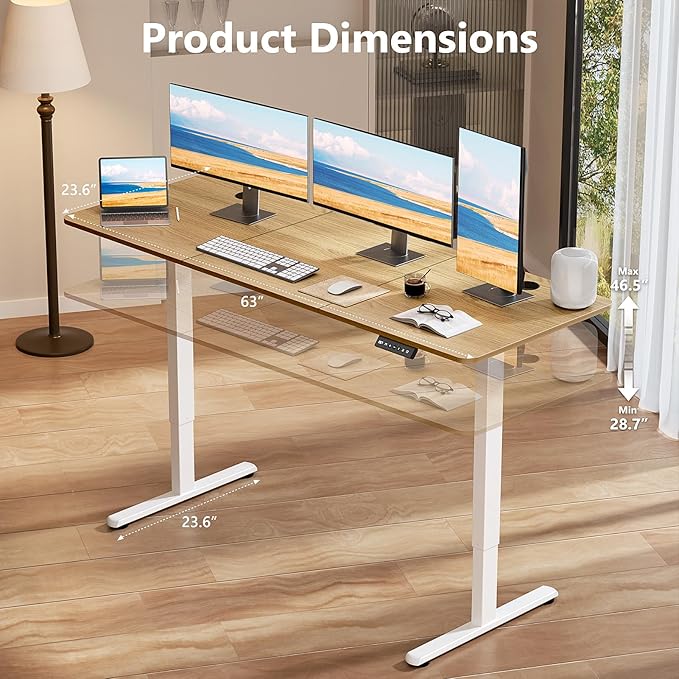 Large Electric Standing Desk 63 x 24 Inches Height Adjustable Sit Stand Computer Desk Home Office with Memory Presets (Spliced DesktopOak)