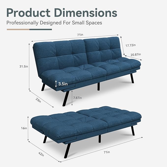 Opoiar Convertible Futon Sofa Bed Blue Linen Futon Couch with Adjustable Backrest &amp Armrests Folding Small Recliner Sleeper Sofa Bed for Living Room Apartment Office