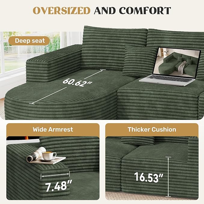 110 Modular Sectional Sofa Couches Cloud Couches for Living Room Boneless Sofa with Deep SeatL-Shape Couch with ChaiseNo Assembly RequiredGreen1 PCS