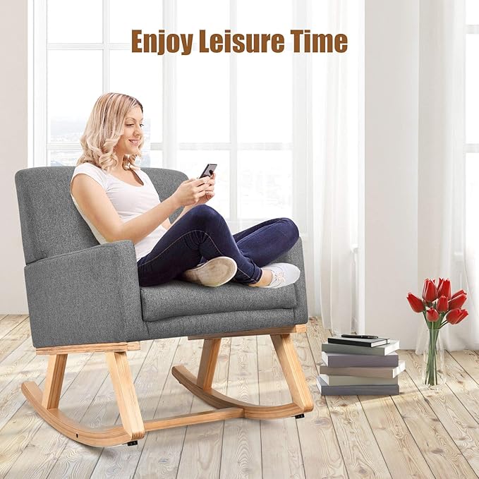 Giantex Upholstered Rocking Chair with Fabric Padded Seat and Solid Wood Base Comfortable Rocker for Living Room Bedroom Study Room Office Rocking Armchair (Gray)
