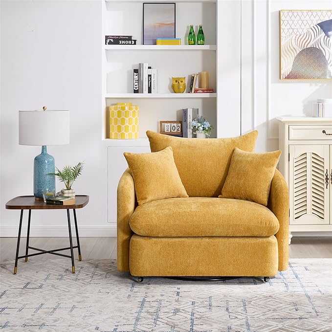 360 Degree Swivel Accent Chair Oversized 37.8 inch Extra Wide Barrel Swivel Chairs with Deep Seat for Living Room Club Reading Bedrooms Yellow
