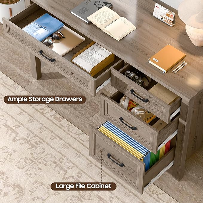 Vabches Farmhouse Executive Desk with Storage and Ample File Drawer Rustic Large Home Writing Desk for Bedroom Grey