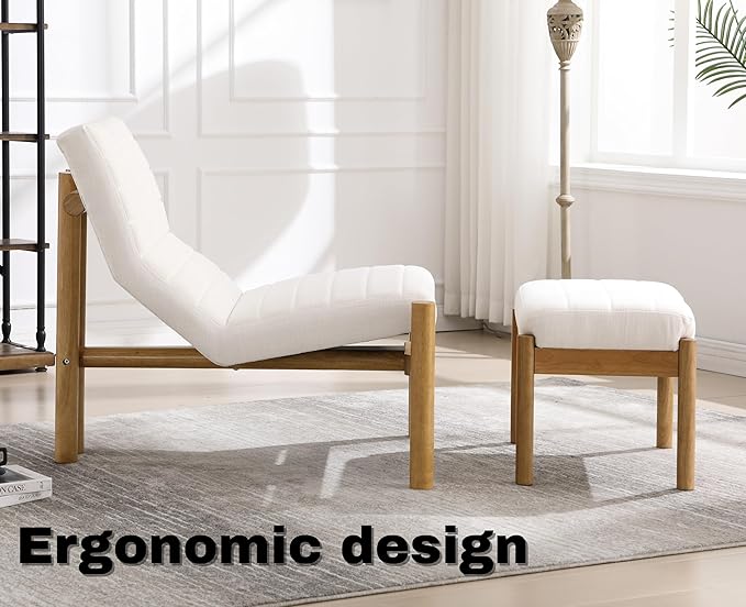 EALSON Modern Accent Chair with Ottoman Beige Fabric Upholstered Seater with High Backs Unique Design Wood Frame Armless for Living Room/Bedroom Reading/Office Use