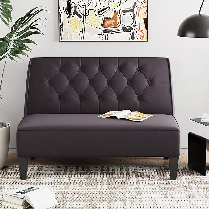 Alunaune Upholstered Loveseat Couch for Living Room Armless Bedroom Settee Small Love Seat Sofa Tufted Button Dining Room Bench - Dark Grey