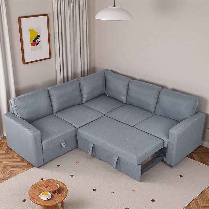 Sleeper Sofa Couch with Pull Out Bed L Shaped Couch Bed with Storage Sectional Sleep Couches Convertible Sleeper Sofa Beds W/Reversible Chaise&ampBack Cushion for Living Room Grey