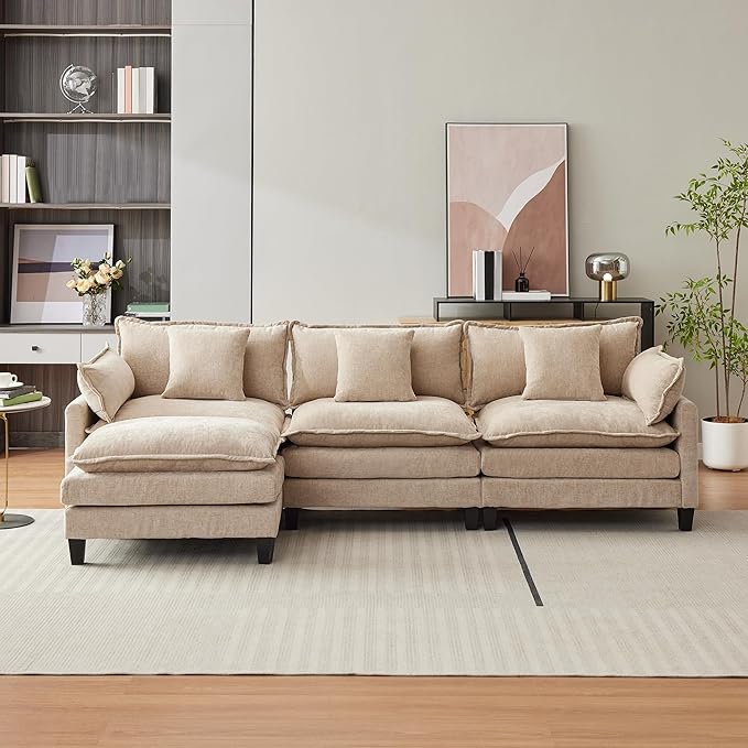 112 Modular Sectional Sofa L-Shape Cloud Couch/Deep Seat/Armrest/Plush Corduroy Fabric No Assembly Required Space-Saving 170 Pounds Chenille Combo Set with 1 Footstool for Living Room