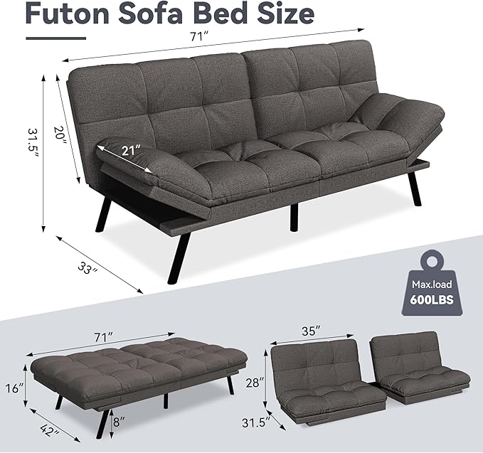 Convertible Futon Sofa BedLinen Futon Couch with Detachable CushionAdjustable Backrest &amp ArmrestModern Small Loveseat Sleeper Recliner for Living RoomOfficeApartmentDark Grey