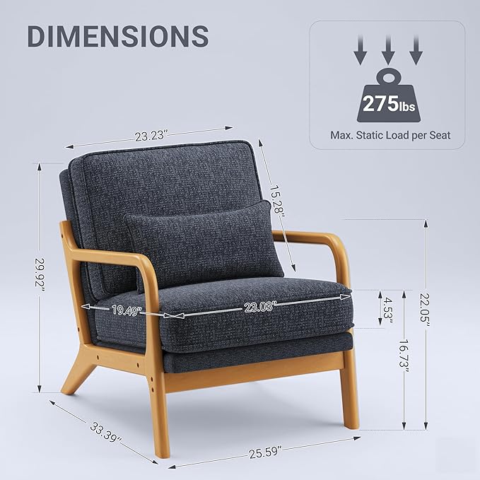 Accent Chair with Solid Wood Frame Mid-Century Relaxing Armchair Lumbar Pillow&amp Soft Cushion Reading Leisure Chair for Living Room Bedroom Waiting Room-Blue
