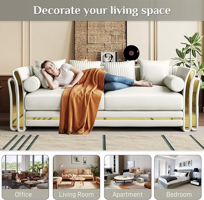 86.7 Luxury Velvet Sofa Chesterfield Tufted Couch Vintage White and Gold Couch Mid Century Victorian Couches for Living Room 3 Seater with 4 Pillows &amp 2 Bolster Pillows Beige White