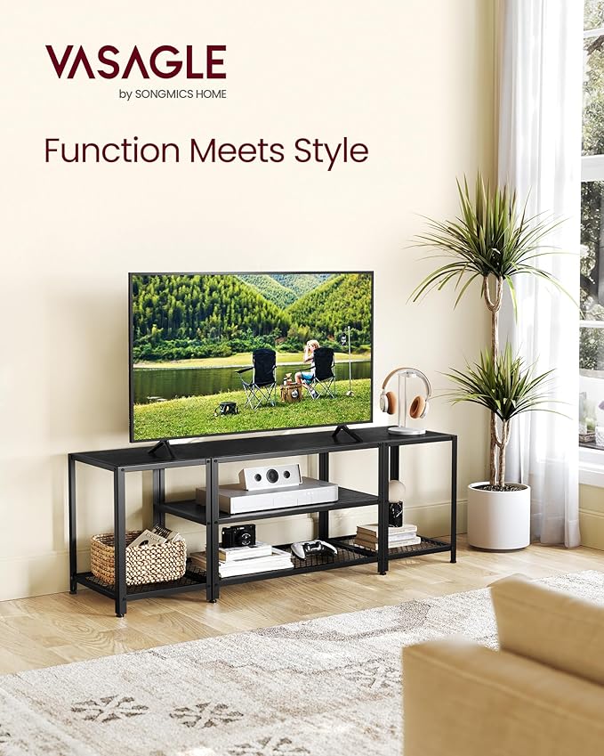VASAGLE Modern TV Stand for TVs up to 65 Inches 3-Tier Entertainment Center Industrial TV Console Table with Open Storage Shelves for Living Room Bedroom Black with Wood Grain ULTV097B22