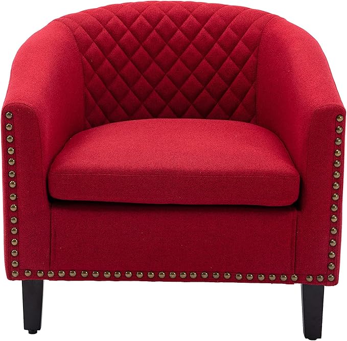 Accent Barrel Chair Living Room Chair with Nailheads and Solid Wood Legs Red Linen
