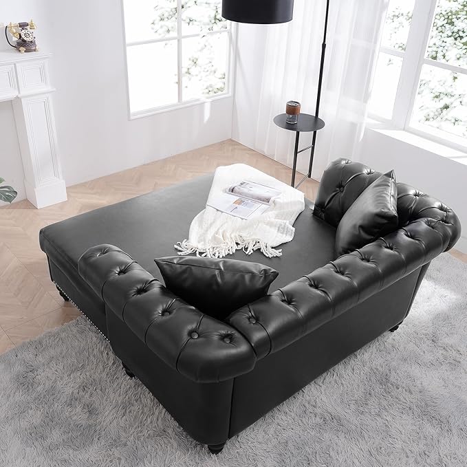 62.99 Chaise Lounge Indoor Comfy Reading Chair with 2 Pillows PU Leather Chesterfield Loveseat Sofa with Tufted Back &amp Rolled Arm Oversized Chaise Lounge Couch Indoor for Living Room Black