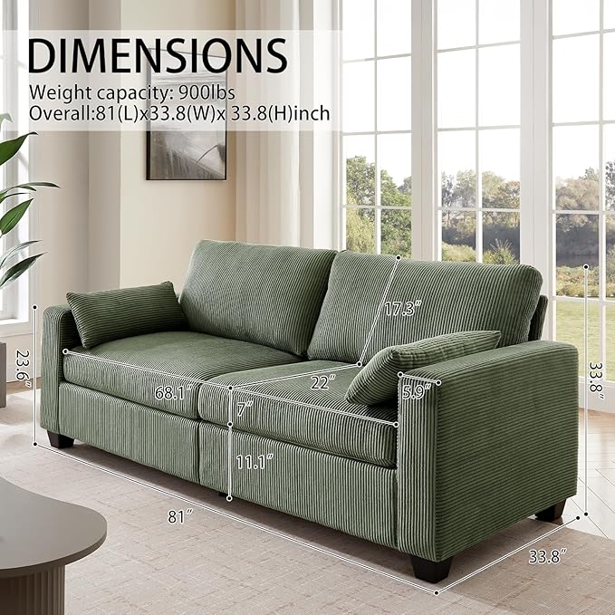 Modern Loveseat Sofa for Living Room Removable Cover Spring Cushions Solid Wood Frame Wide Armrest Corduroy Fabric Recliner Couches for Small Space (Green Corduroy 81 inch)