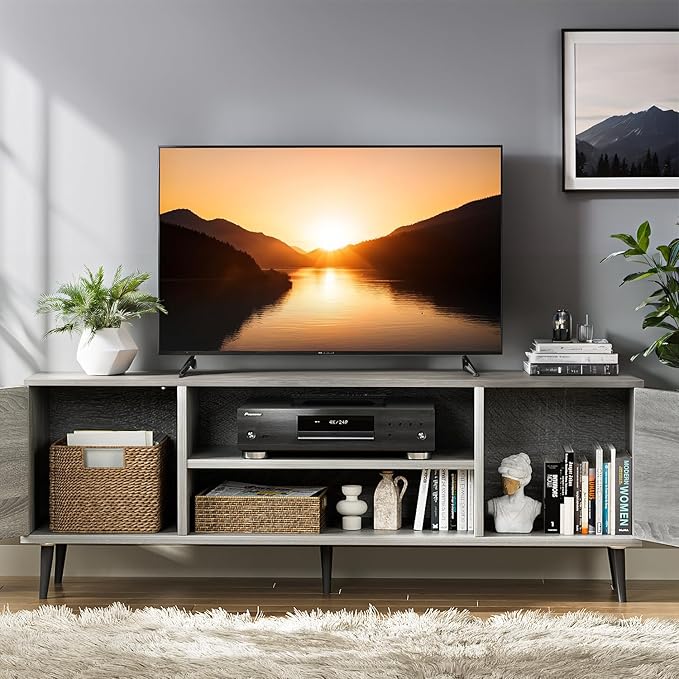 YESHOMY Modern TV Stand for 65 Television Entertainment Center with Two Storage Cabinets Retro Style Media Console for Living Room Bedroom Office 58 Inch Light Gray