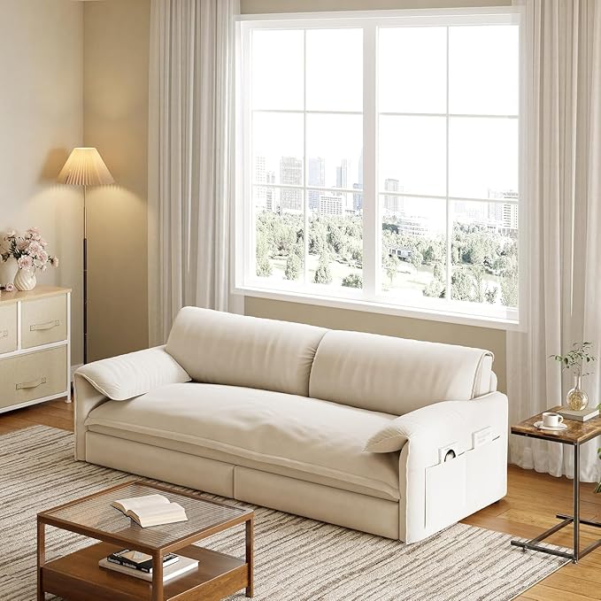 healthomse 66 Queen Size Sleeper Sofa Bed 3-in-1 Convertible Pull Out Sofa Bed with Side Storage Modern Velvet Loveseat for Living Room Bedroom Apartment Office Lounge (Beige 66inch)
