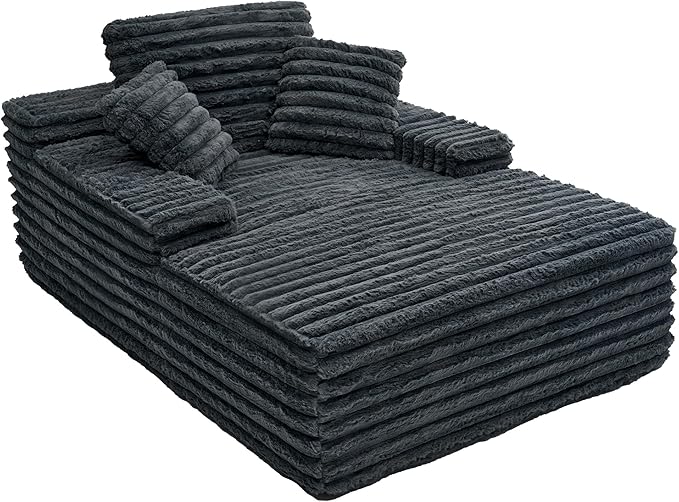 VanAcc 67 Chaise Lounge Sofa Faux Fur Sleeper Chaise with Armrests and Throw Pillows No-Assembly Couch for Living Room or Apartment Gray