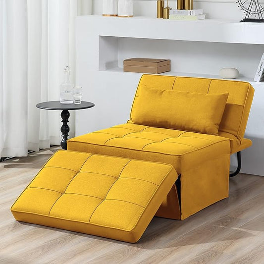 BIGSYY Sofa Bed Set of 4 in 1 Multi-Function Folding Ottoman Breathable Linen Couch Bed with Adjustable Backrest Modern Convertible Chair for Living Room Apartment Office Yellow