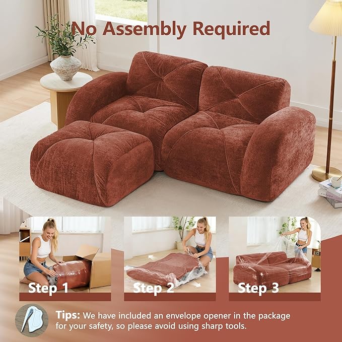 80 Sectional Modular Cloud Couch Boneless Couches with Deep Seat Convertible 2-Seater Sofa Set with Ottoman for Living Room Bedroom Office Red