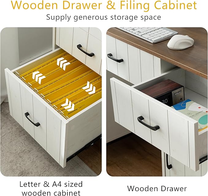 55 Executive Desk Modern Wood Office Table with Charging Station 5 File Drawer &amp 1 Storage Cabinet Home Computer Writing Desk for Work Study Living Room Bedroom (White)