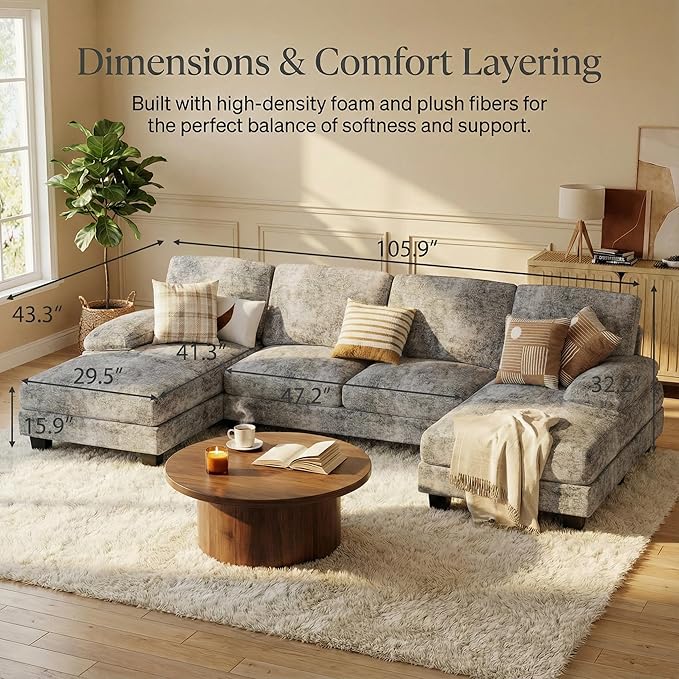 Homall Modular Sectional U Shaped Sofa Couches for Living Room Comfy Chenille 4 Seat Sofa Set with Removable Pillows Lounge Chaise Upholstered Couch for Apartment (Chenille Grey)