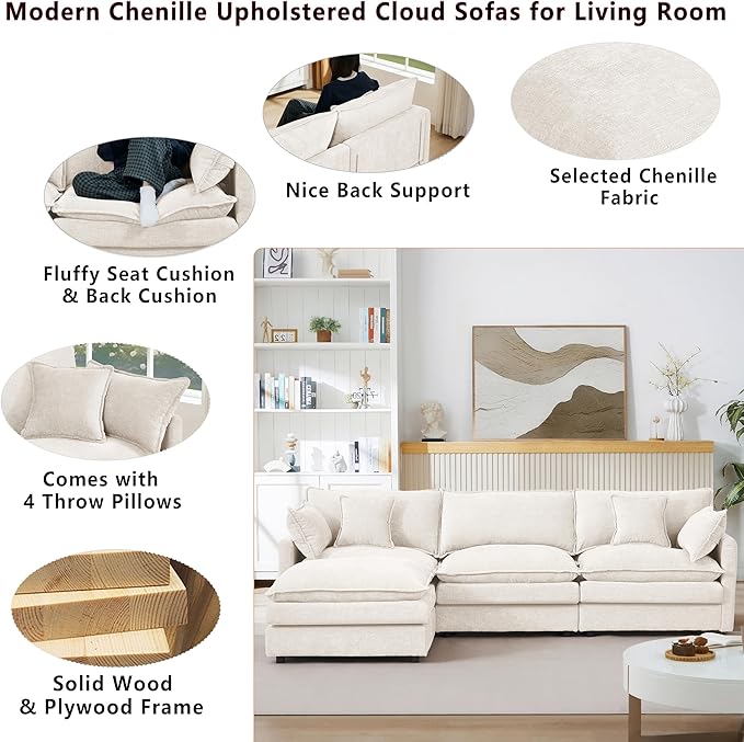 102 L-Shaped Sofa for Living RoomModular Sectional Cloud Sofa Couch with OttomanModern Chenille 3 Seater Sofas with Deep SeatSmall L Shaped Couches for Bedroom (Beige 102)