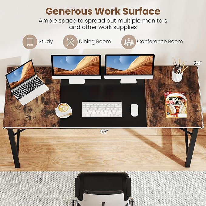 Giantex 63 Inch Computer Desk Modern Simple Office Desk with Triangle Structure Metal Frame Computer Workstations for Home Office Study Conference Room Rustic Brown and Black