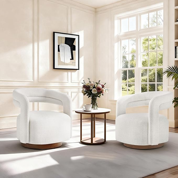 Swivel Accent Chair Set of 2 Upholstered Barrel Chair with Open Back Design Modern Arm Chair with Wooden Base for Living Room Bedroom Reading WaitingroomWheat