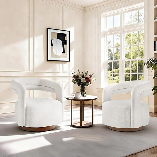 Swivel Accent Chair Set of 2 Upholstered Barrel Chair with Open Back Design Modern Arm Chair with Wooden Base for Living Room Bedroom Reading WaitingroomWheat
