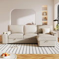 Modern Upholstered L-Shaped Convertible Corner Sofa Couch Pull-Out Sofa Bed Sleeper Sectional Sofa with Storage Bags and 2 Cup Holders on Arms for Living Room Office Apartment (Beige-2C)