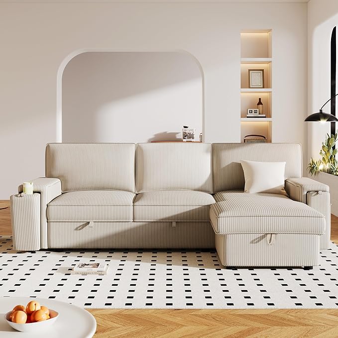 LUMISOL 96 Convertible Sleeper Sofa Bed L-Shaped Sofa with Pull Out Bed &amp Storage Chaise Corduroy Sectional Sleeper Couch with Cup Holders &amp Pockets for Living Room Apartment Beige