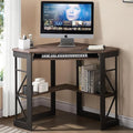 VECELO Corner Desk Computer Desk Writing Table with Smooth Keyboard Tray &amp Storage ShelvesCompact Home Office Triangle TableRustic Brown
