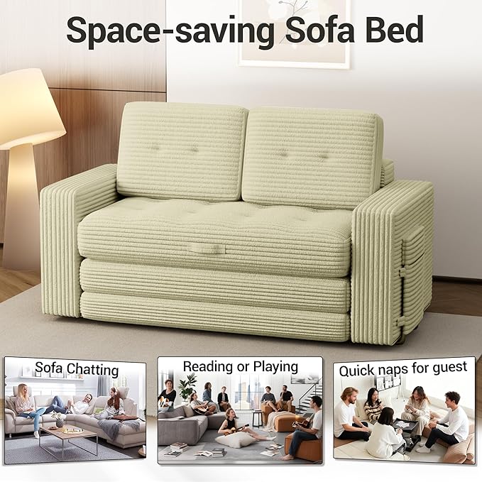 3 Fold Convertible Sofa Bed Pull Out Boneless Couch Loveseat Sleeper Sofa Folding Chaise Chair with Pillows for Bedroom Living Room Beige (Little Yellow)