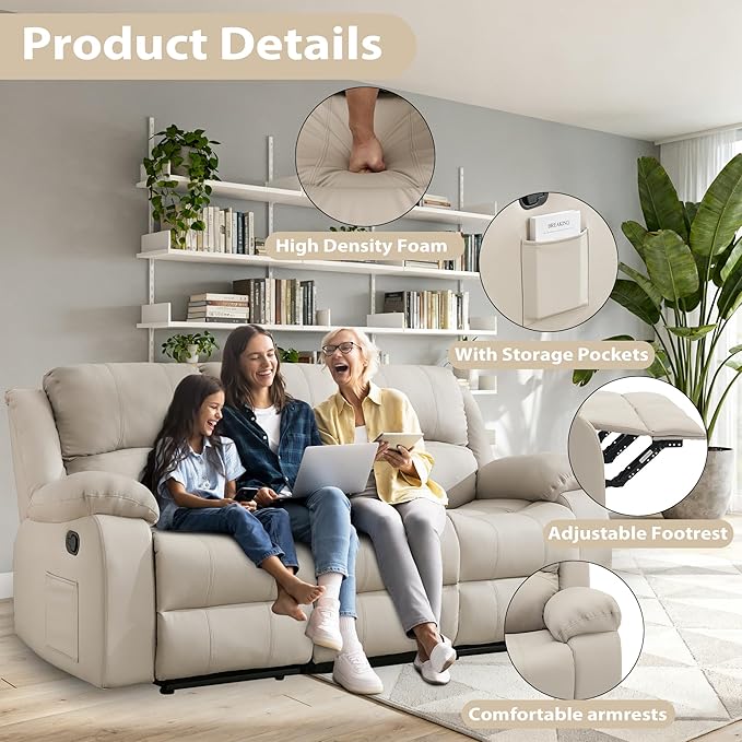 3 Seat Reclining Sofa Leather 3-Seater Manual Reclining Couch with Side Pocket Easy Assembly Reclining Loveseat Sofa for Living Room Meeting Room Bedroom Office Apartment RV