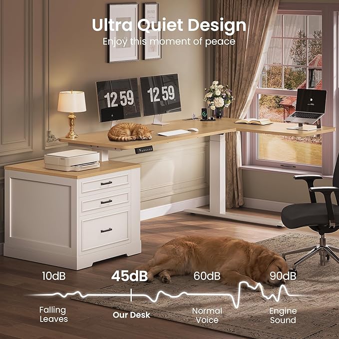 SEDETA Farmhouse L Shaped Electric Standing Desk 70.9 x 39.4 Height Adjustable Office Executive Desk with 3 Drawers Standing Computer Desks with Power Outlet for Home Office Oak